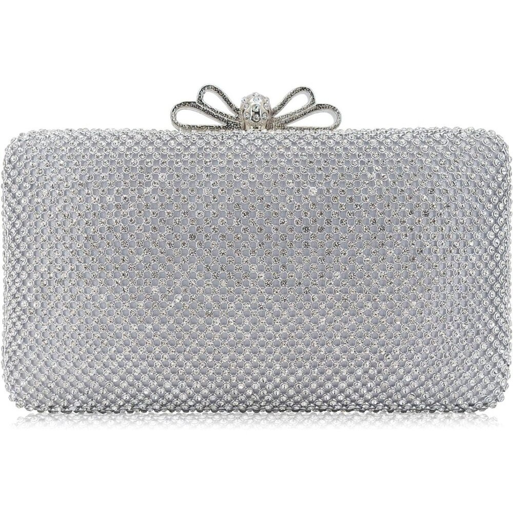 ⚡ Women's Silver Rhinestone Crystal Bow Clasp Metal Chain Evening Clutch Handbag